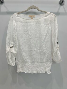 Michael Kors White Smocked-Hem Puff Sleeve Blouse